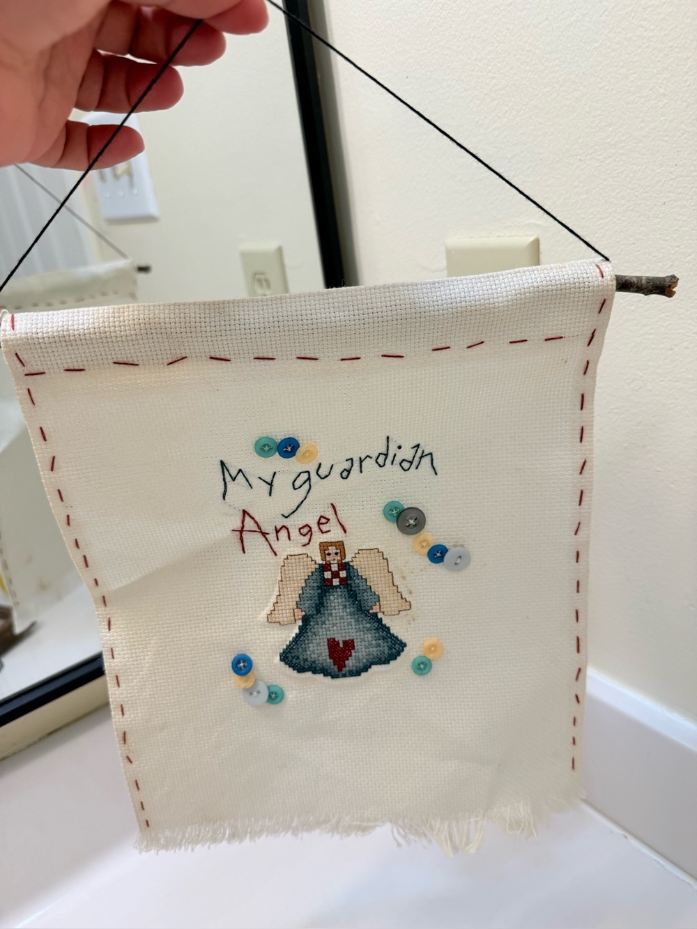 Handmade 'My Guardian Angel' Cross-Stitch Wall Hanging - Blue